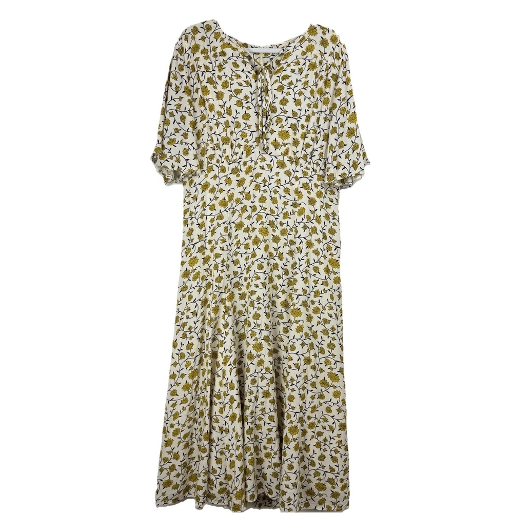 eshakti Cream and Mustard Floral Tie-Neck Midi Dress